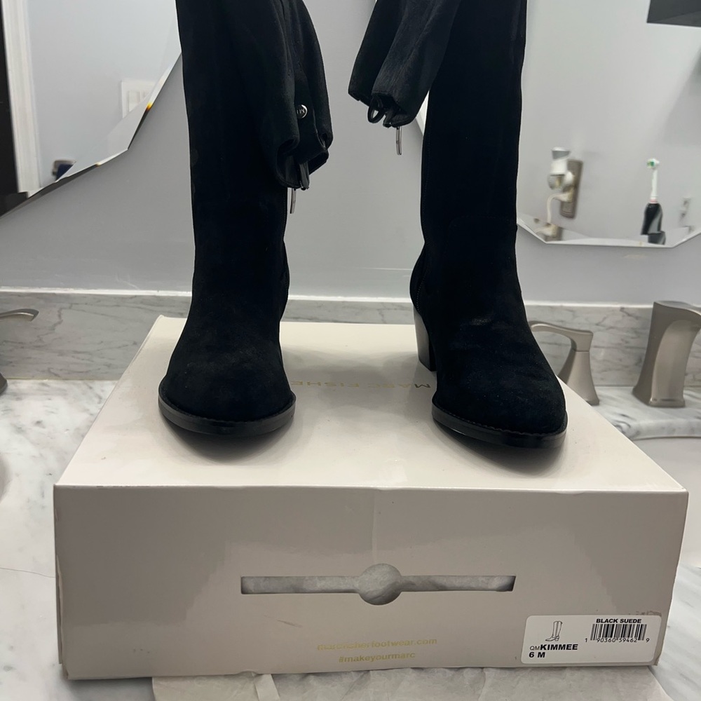 Marc Fisher Kimmee Black Suede Heeled Boots, Medium Calf (6M)